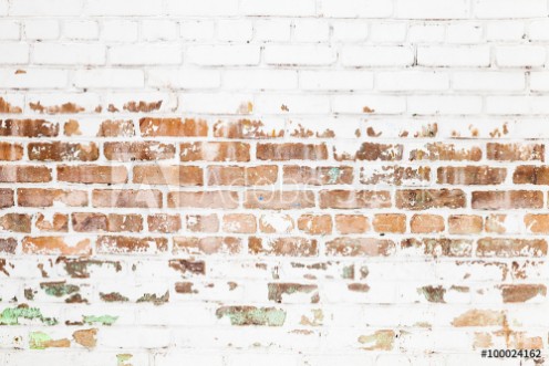 Picture of Old red brick wall with damaged white paint layer